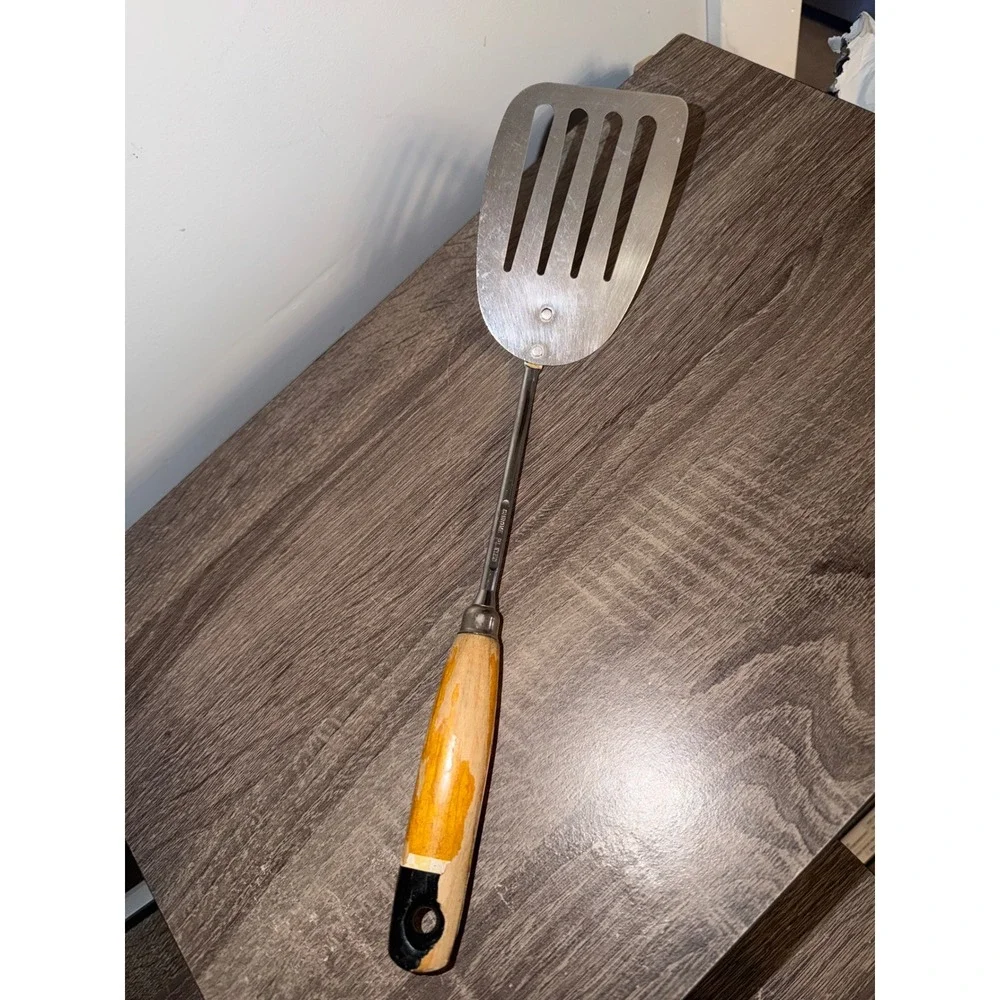 Vintage EKCO USA Slotted Spatula Wood Handle Stainless Steel Kitchen Flipper